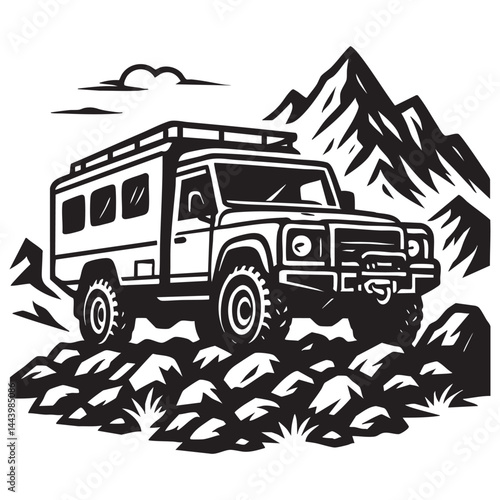 Expedition truck with bull bar and winch on rocky mountain vector illustration