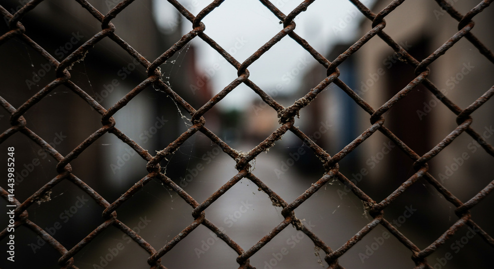 Close-up of a rusty metal chain-link fence with a blurred alleyway in the background, creating a sense of enclosure and decay. Close-up of a rusty metal chain-link fence with a blurred alleyway in the background, creating a sense of enclosure and decay.