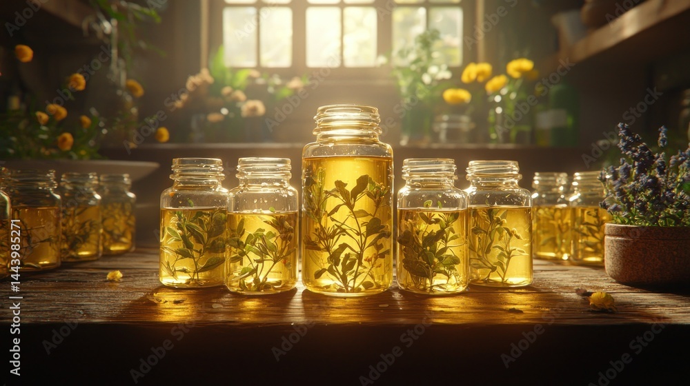 Herbal oils in glass jars, bathed in sunlight