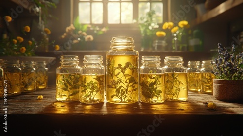 Obraz na płótnie Herbal oils in glass jars, bathed in sunlight w salonie