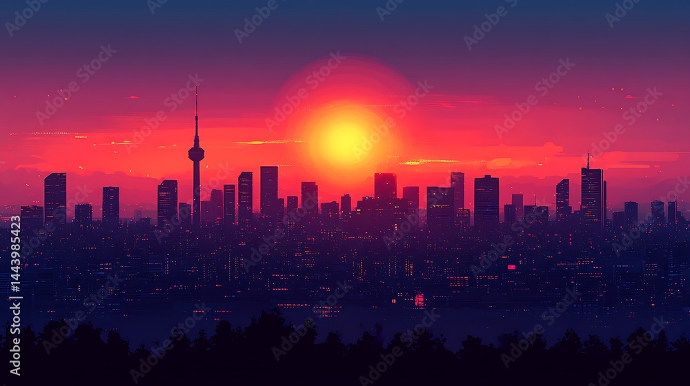 Fototapeta premium Cityscape Sunset Tower Sunrise Digital Art
