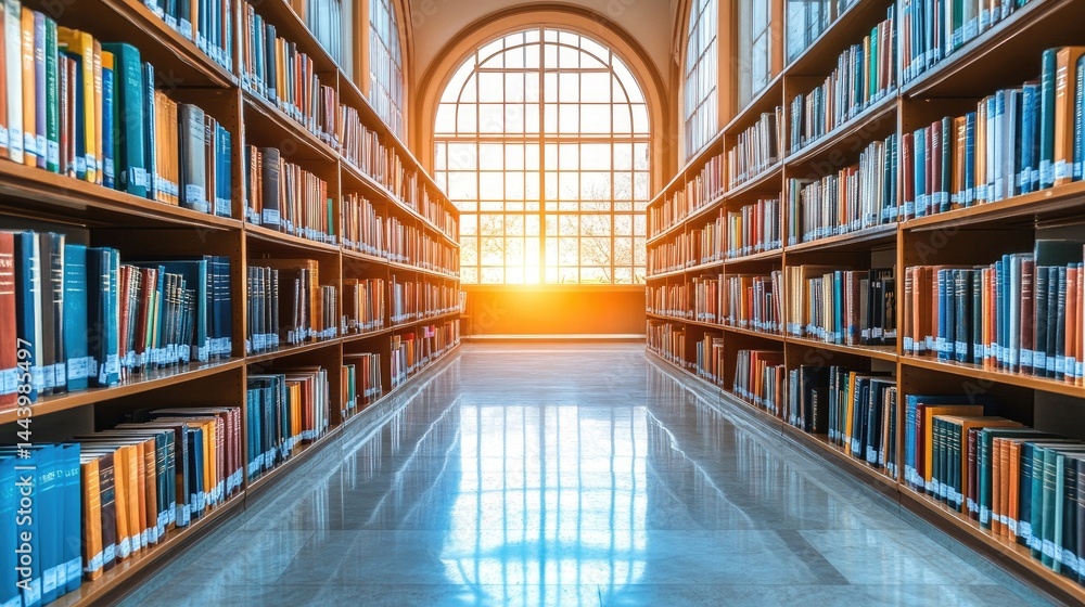 Sunlight streaming through tall arched windows onto neat rows of library bookshelves with polished floors Sunlight streaming through tall arched windows onto neat rows of library bookshelves with polished floors