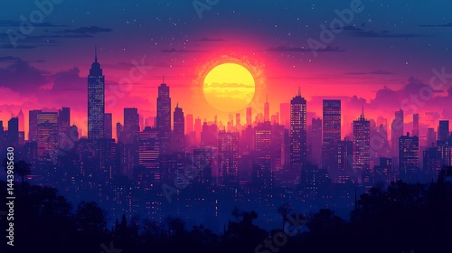 Wallpaper Mural Synthwave city at sunset digital illustration Torontodigital.ca