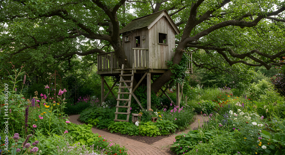 Rustic Treehouse in a Vibrant Garden: Serene Landscape Photography Rustic Treehouse in a Vibrant Garden: Serene Landscape Photography