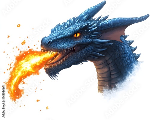 Head of a blue dragon spitting fire isolated on a transparent background