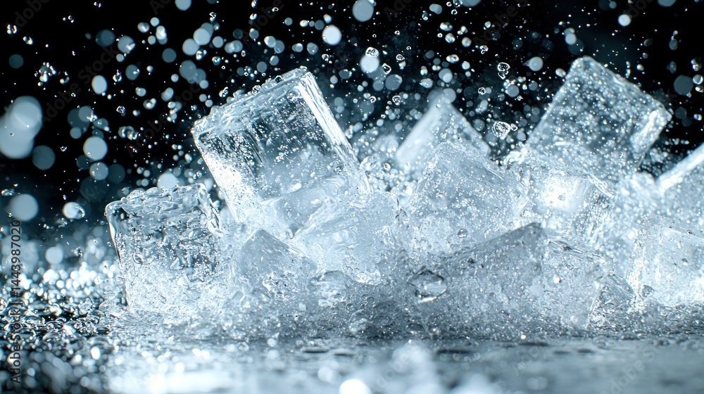 Ice cubes, water droplets, and splashes