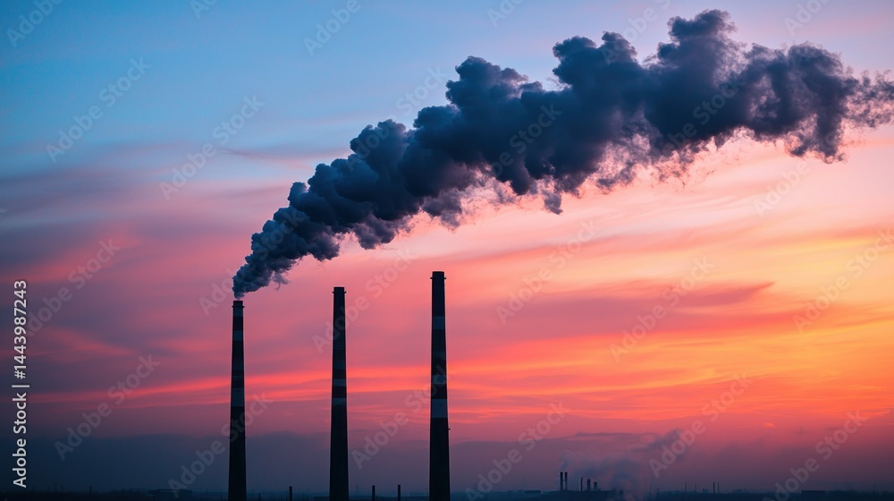 Industrial pollution at sunset. Dark smoke plumes rise from factory smokestacks against a vibrant colorful sky