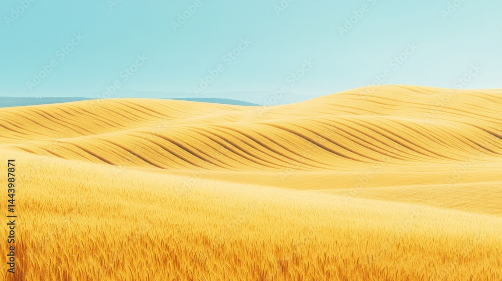 Fototapeta premium Endless golden wheat fields bathed in early morning sunlight, cinematic aerial 8K view with gentle breeze patterns across the crops, soft blue sky overhead