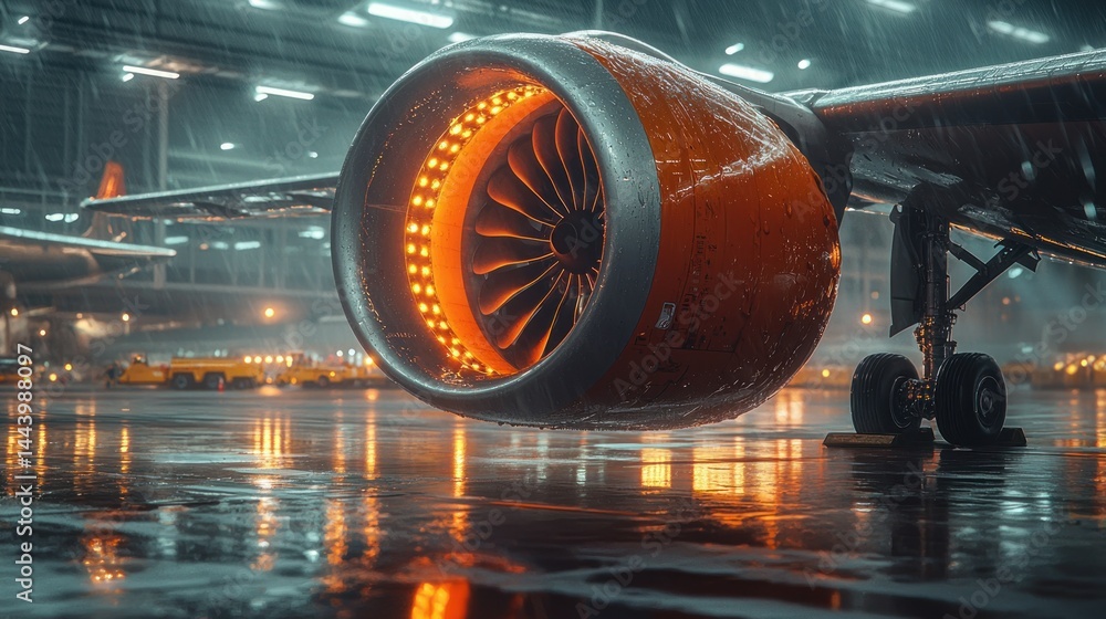 Jet engine in a rainy hangar