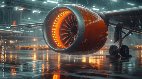 Obraz na płótnie Jet engine in a rainy hangar w salonie