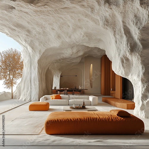 Spacious Modern Living Room with White Textured Walls and Earth Tone Furnishings