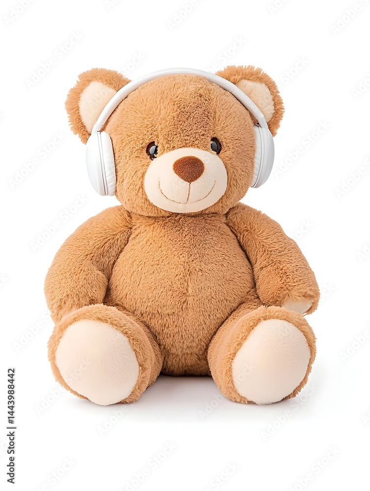Obraz premium A light brown plush teddy bear sits wearing white headphones against a white background