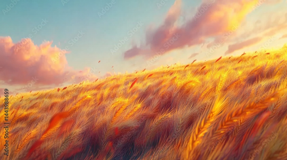 Fototapeta premium Endless golden wheat fields swaying gently in a soft morning breeze, illuminated by golden hour light, pastel blue sky and tranquil countryside vibe, cinematic 8K