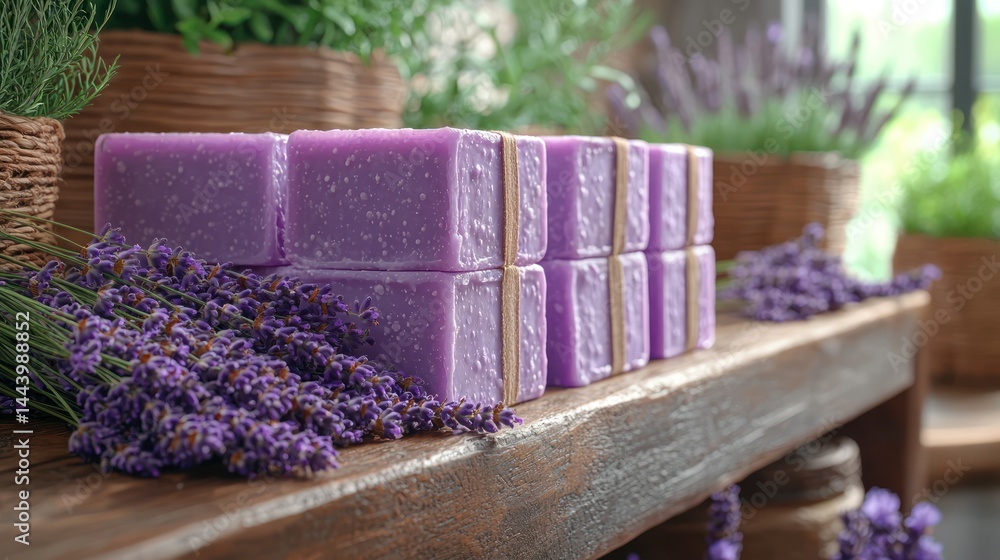 Lavender soap bars displayed on a wooden shelf, surrounded by fresh lavender sprigs and plants