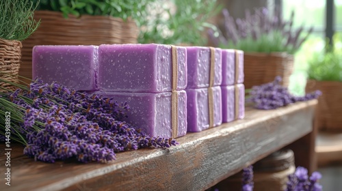 Obraz na płótnie Lavender soap bars displayed on a wooden shelf, surrounded by fresh lavender sprigs and plants w salonie