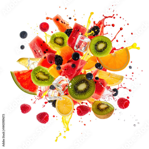 Fototapeta Naklejka Na Ścianę i Meble -  A highenergy abstract composition of exploding fruits against a crisp white background  