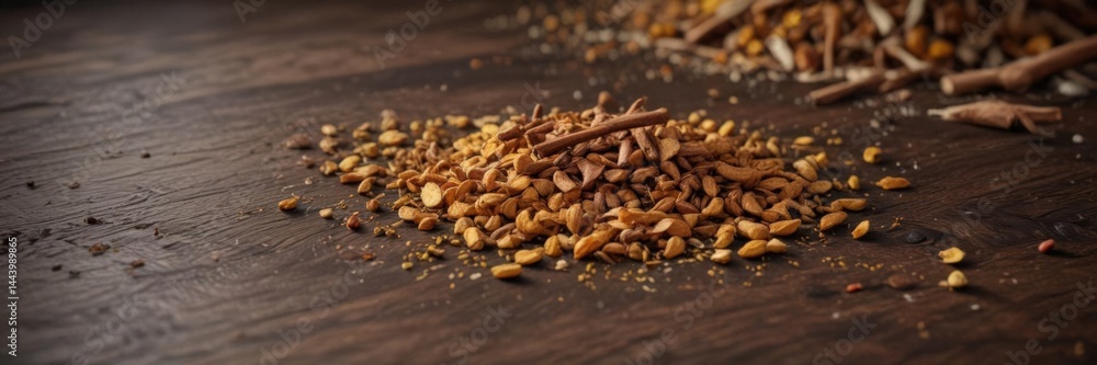 Dark wood table, scattered dried turmeric, coriander, cinnamon spices , macro, ground, herb Dark wood table, scattered dried turmeric, coriander, cinnamon spices , macro, ground, herb