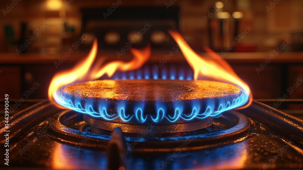 Lit gas burner on a stovetop
