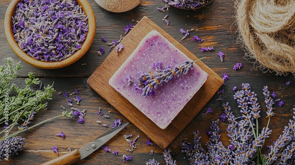 Lavender soap on rustic wooden surface