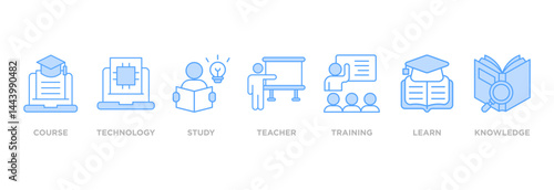 Online education banner web icon vector illustration concept with icon of course, technology, study, teacher, training, learn and knowledge