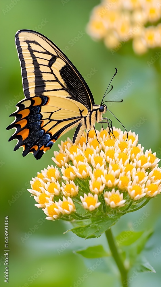 Obraz premium A yellow and black butterfly delicately feeds on a cluster of small, pale yellow flowers against a soft green backdrop