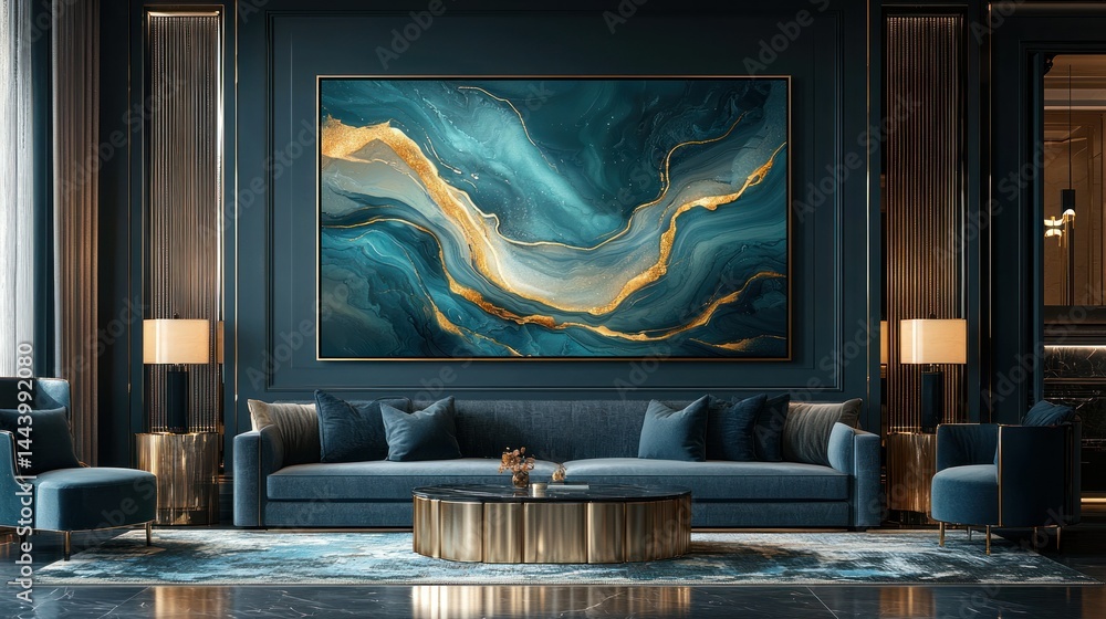Luxurious dark blue living room with gold abstract art