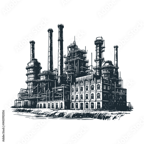 Old factory with chimney – Black and White Icon Vector and Illustration