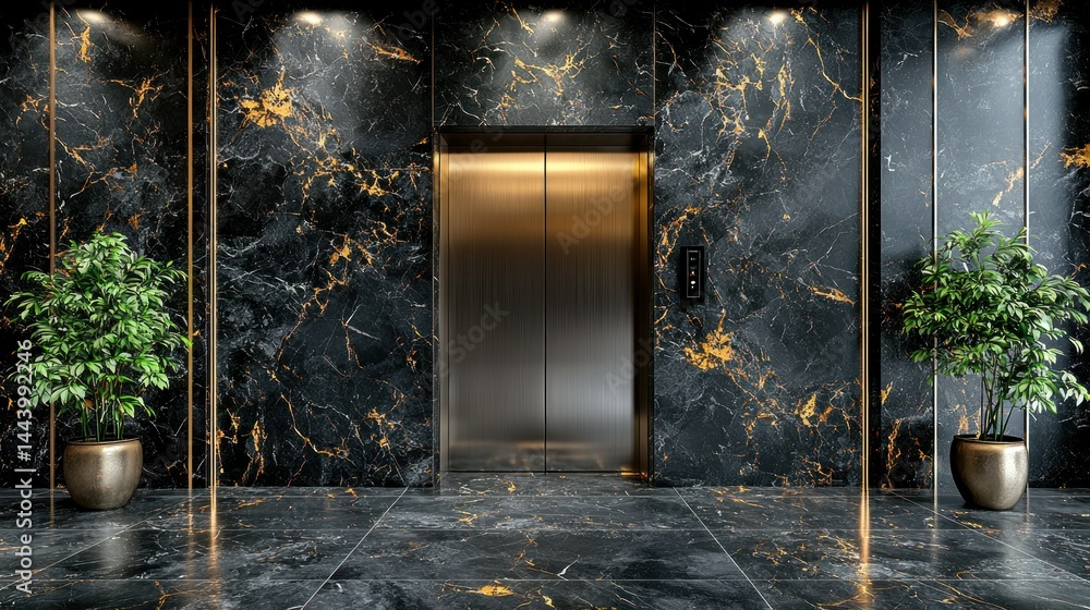Luxurious black marble elevator lobby