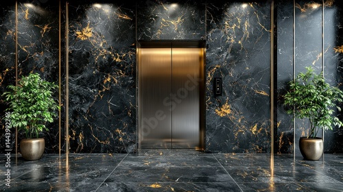 Luxurious black marble elevator lobby