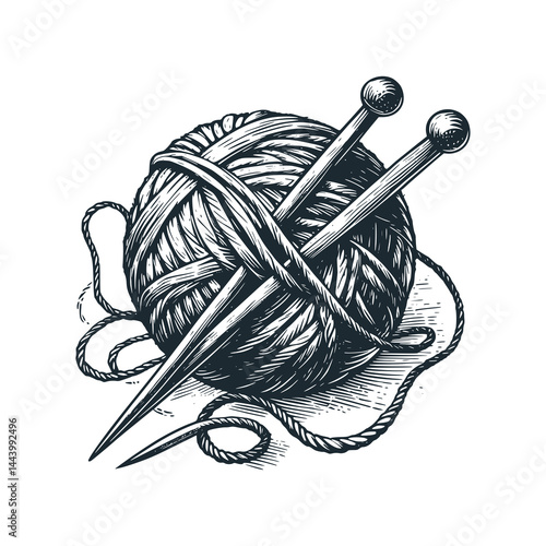 Knitting yarn and knitting tools – Black and White Icon Vector and Illustration