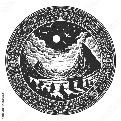 Enchanting and Mystical Illustration of an Ancient Stone Circle Surrounded by Nature and Shrouded in Magic