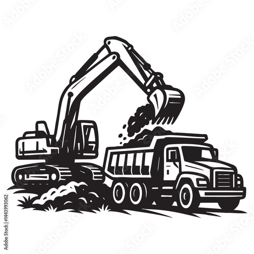 Excavator loading dump truck with soil vector illustration