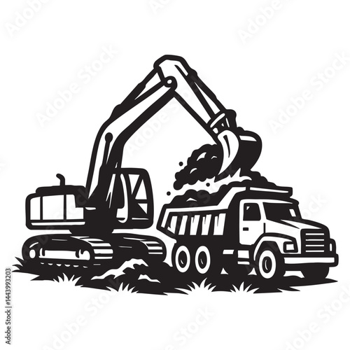 Excavator loading dump truck with soil vector illustration