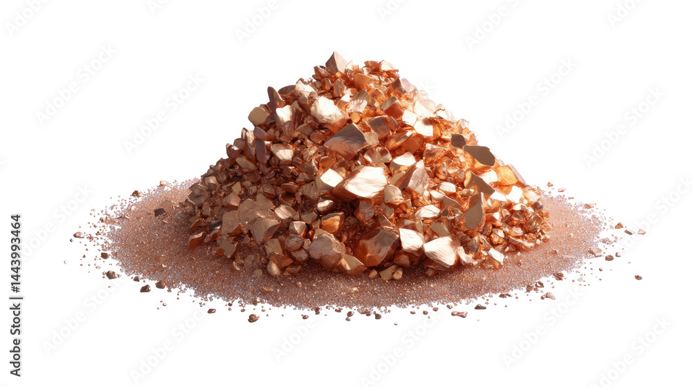 Copper Fragments: A close-up shot of a pile of rough, irregular copper fragments, showcasing their metallic sheen and texture. The copper pieces rest on a bed of fine copper powder. Copper Fragments: A close-up shot of a pile of rough, irregular copper fragments, showcasing their metallic sheen and texture. The copper pieces rest on a bed of fine copper powder.