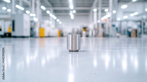 A metallic cylinder placed on a reflective industrial floor, spacious warehouse setting with blurred background, and modern and clean environment.