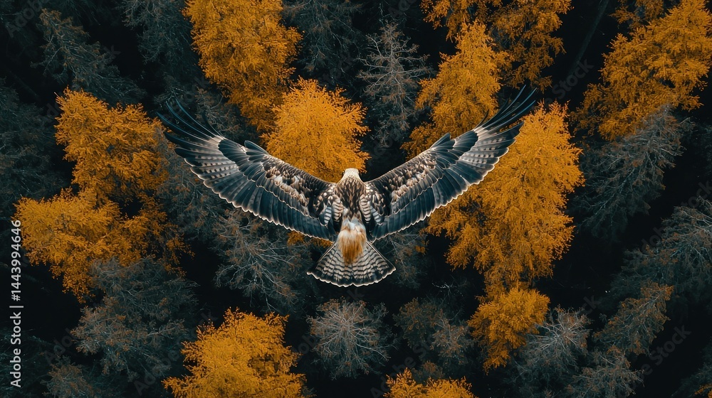 Majestic eagle soaring above autumn forest