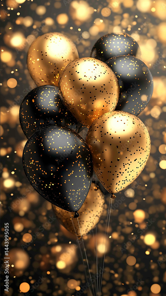 Naklejka premium Vibrant golden and black helium balloons floating against a lively festive background filled with shimmering confetti This holiday frame template is perfect for banners posters or gr