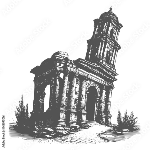 Elegant Vintage Illustration of a Leaning Bell Tower Highlighting Architectural and Historical Grace