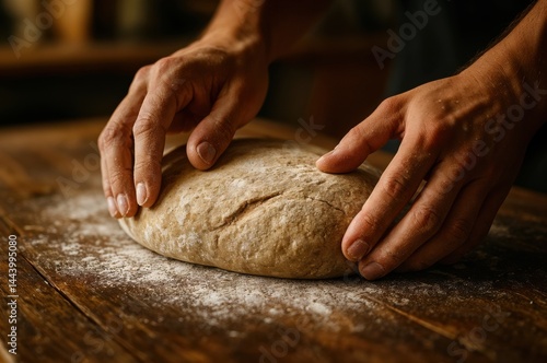 Flour-dusted hands expertly work the dough, shaping it into a perfect loaf on a rustic wooden table, capturing the essence of homemade bread in a cozy kitchen atmosphere.