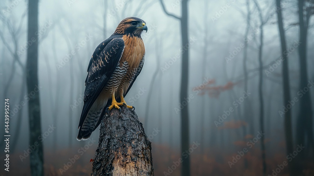 Majestic raptor in misty forest