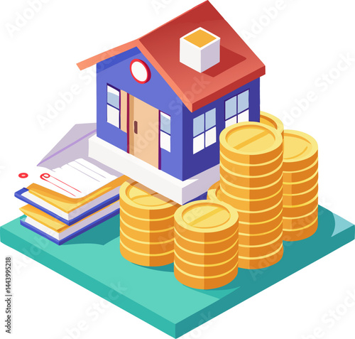 A small house sits atop stacks of gold coins and documents, symbolizing investment in real estate and property finance.