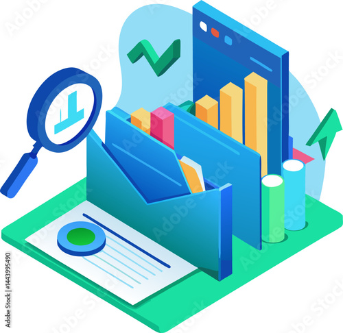 An isometric illustration depicting data analysis with a magnifying glass over a document, folders containing data, bar charts, and graphs, representing the process of examining and interpreting infor