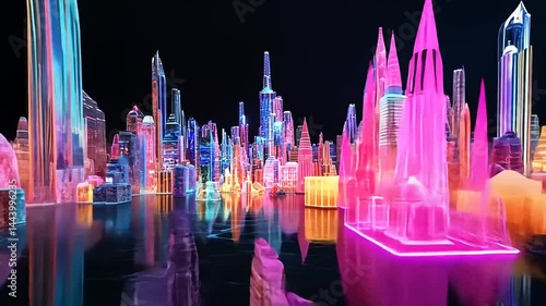 Vibrant futuristic cityscape illuminated with neon colors, reflecting on water, showcasing advanced architecture