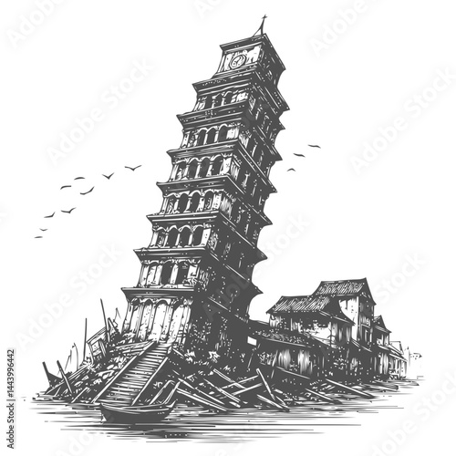 Inspiring Art Depiction of a Leaning Bell Tower Eroded by Time and Representing Architectural Elegance