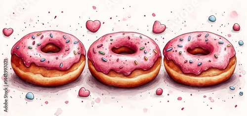 Three Delicious Pink Donuts with Sprinkles and Hearts