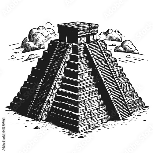 Artistic Illustration of a Hidden Mayan Pyramid Deep in the Jungle with Themes of Adventure and Ancient History