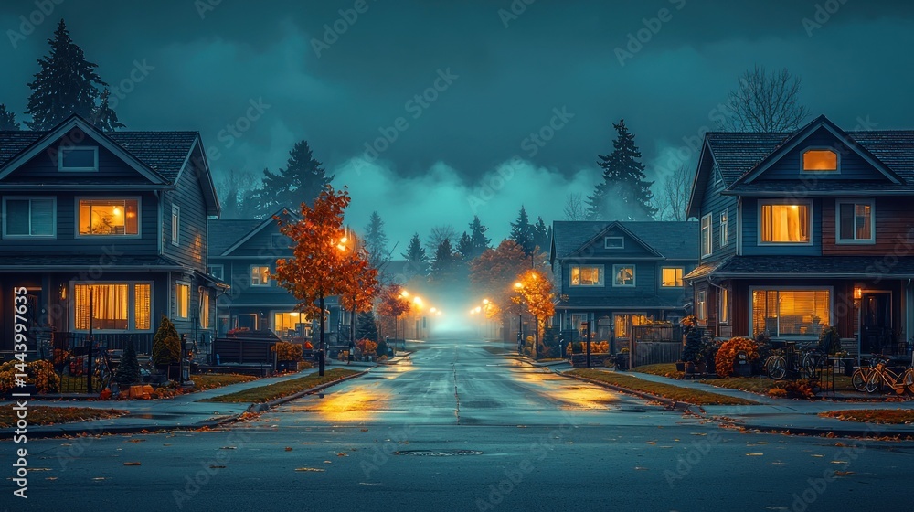 Misty autumn evening street scene