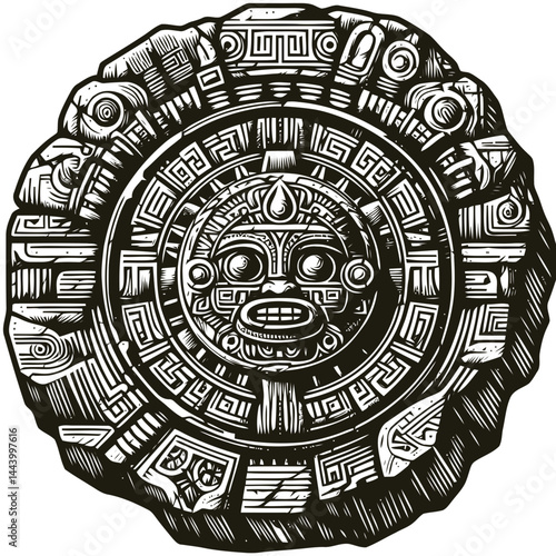 Richly Detailed and Colorful Aztec Sun Stone Art Depicting Mystical Symbols and Cultural Heritage of the Aztec Civilization