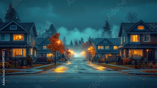 Misty autumn evening street scene