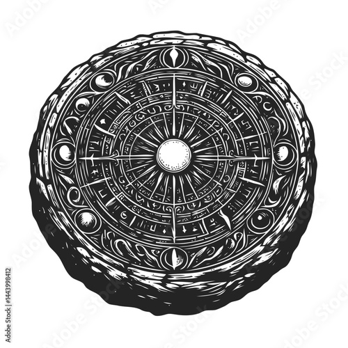 Whimsical Illustration of an Ancient Stone Circle in a Magical, Mist-Blanketed Landscape, Filled with Spiritual and Ritualistic Symbolism